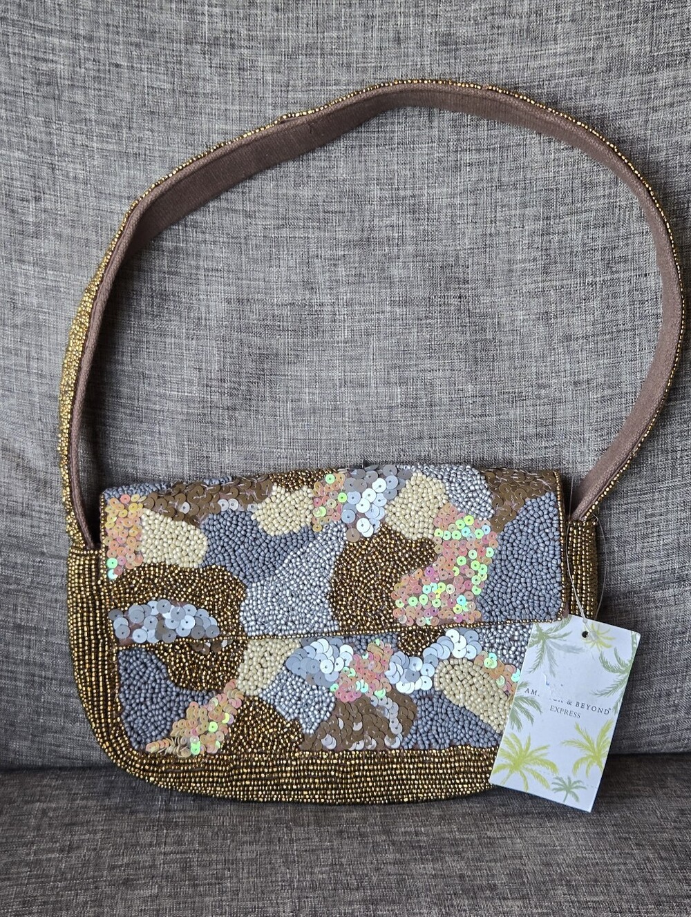 America & Beyond Beaded Sequin Grey/Brown Abstract Pattern Shoulder Bag